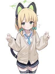  1girl alternate_costume animal_ear_headphones animal_ears black_shorts black_tail black_thighhighs blonde_hair blue_archive blue_necktie blush bow brown_cardigan buttons cardigan cat_ear_headphones cat_ears cat_tail closed_mouth collarbone collared_shirt cowboy_shot cropped_legs fake_animal_ears fake_tail flying_sweatdrops green_bow green_eyes green_halo hair_bow halo hands_up headphones long_sleeves looking_at_viewer low-tied_sidelocks medium_hair midori_(blue_archive) necktie parted_bangs puffy_long_sleeves puffy_sleeves shirt short_shorts shorts sidelocks simple_background sleeves_past_wrists smile solo suiran_(suiran0111) sweatdrop tail tail_raised thigh-highs w_arms white_background white_shirt 