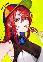  1girl absurdres blue_fire breasts candy commentary commission earrings elizabeth_rose_bloodflame elizabeth_rose_bloodflame_(1st_costume) english_commentary fire food highres hololive hololive_english jewelry large_breasts lollipop long_hair propeller_hat red_eyes red_hair saliva saliva_trail signature swirl_lollipop tongue tongue_out virtual_youtuber yellow_background zyllypepper 