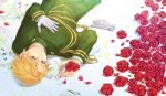  agemaki_kei aiguillette blonde_hair flower gloves long_hair lying male military military_uniform on_back otome_youkai_zakuro petals red_rose rose rose_petals sesto single_glove solo uniform upside-down yellow_eyes 