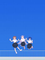  3girls alternate_costume blue_background blue_hair blue_skirt blue_sky brown_hair closed_eyes collared_shirt floating_hair gradient_hair grey_hair grin hair_intakes hair_ornament hair_rings highres holding_hands jumping long_hair medium_hair multicolored_hair multiple_girls open_mouth parted_bangs pleated_skirt railing school_uniform sendo_yuuhi shirt shirt_tucked_in shoes short_sleeves single_hair_ring skirt sky smile sneakers socks streaked_hair tsubu_(kappunioyu562) tsumugi_kokage two_side_up virtual_youtuber vspo! white_shirt white_shoes white_socks wide_shot yano_kuromu 
