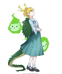  1girl antlers black_shoes blonde_hair blue_shirt blue_skirt closed_mouth commentary corrupted_twitter_file dragon_girl dragon_horns dragon_tail green_scales highres horns kicchou_yachie light_smile long_sleeves looking_at_viewer mary_janes otter_spirit_(touhou) pleated_skirt pointy_ears red_eyes shirt shoes short_hair simple_background skirt socks square_neckline tail takoyaki5221 touhou turtle_shell white_background white_socks wide_sleeves yellow_horns 