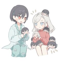 &gt;:) 2girls :d aqua_pajamas aqua_pants aqua_shirt blue_eyes cardigan ceras_yanagida_lilienfeld ceras_yanagida_lilienfeld_(sega_lucky_lottery_sleepwear) character_doll churhami closed_mouth cropped_legs doll doll_on_head doll_on_shoulder grey_hair hair_ornament hair_ribbon holding holding_doll invisible_chair jellyfish_cut katsuragi_izumi katsuragi_izumi_(sega_lucky_lottery_sleepwear) link!_like!_love_live! long_hair love_live! multiple_girls nesoberi notice_lines official_alternate_costume open_cardigan open_clothes open_mouth orange_eyes pajamas pants pink_ribbon red_sweater ribbon shirt shorts sitting smile sweatdrop sweater too_many_dolls triangle_hair_ornament turtleneck turtleneck_sweater v-shaped_eyebrows virtual_youtuber wavy_hair white_cardigan white_shorts 