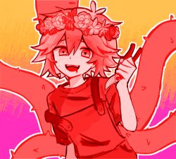  1boy antenna_hair basil_(headspace)_(omori) basil_(omori) blush chromatic_aberration colored_skin colored_tongue double-parted_bangs drooling flower gardening_shears hair_between_eyes head_wreath highres looking_at_viewer male_focus mo42144 mouth_drool omori open_mouth outline overalls plant red_eyes red_hair red_overalls red_shirt red_tongue shirt short_hair short_sleeves simple_background smile solo t-shirt teeth thorns upper_body upper_teeth_only vines white_outline white_skin 