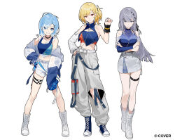  3girls ahoge arms_under_breasts arms_up asymmetrical_bangs belt black_collar blonde_hair blue_eyes blue_hair blue_shirt blue_shoes blue_sleeves blue_tank_top boots braid braided_bangs breasts cargo_pants cleavage_cutout closed_mouth clothing_cutout collar colored_tips commentary company_name contrapposto copyright_notice crop_top cropped_shirt crossed_arms detached_sleeves english_commentary full_body grey_hair grey_shrug grey_skirt hair_ornament hairclip halter_shirt halterneck high_tops holoh3roes hololive hololive_indonesia jacket jewelry kaela_kovalskia kobo_kanaeru lace-up_boots layered_skirt leg_cutout lineup long_hair looking_at_viewer medium_breasts medium_hair midriff miniskirt multicolored_hair multiple_girls nail_polish navel necklace o-ring o-ring_thigh_strap official_alternate_costume official_alternate_hairstyle official_art one_side_up pants rararamax red_eyes red_nails shirt shoes short_hair shorts shoulder_cutout shrug_(clothing) simple_background single_detached_sleeve single_wrist_cuff skirt sleeveless sleeveless_shirt sleeves_past_fingers sleeves_past_wrists smile sneakers standing swept_bangs tank_top teeth thigh_strap turtleneck two-tone_hair vestia_zeta virtual_youtuber white_belt white_boots white_hair white_pants white_shorts white_tank_top wrist_cuffs 