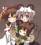  3girls animal_ears bad_id blush_stickers brown_hair closed_eyes detached_sleeves eyes_closed hair_ornament hair_ribbon hakurei_reimu if_they_mated mouse_ears mouse_tail multiple_girls nazrin red_eyes shippoto short_hair silver_hair smile tail touhou 