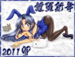  akeome animal_ears asakura_ryouko blue_eyes blue_hair breasts bunny_ears bunnysuit cleavage new_year pantyhose ryokurin shoe_dangle suzumiya_haruhi_no_yuuutsu top-down_bottom-up 