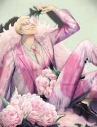  1boy blonde_hair bouquet coat collared_shirt donquixote_doflamingo earrings eyes_visible_through_eyewear flower highres holding holding_flower jewelry looking_at_viewer male_focus necktie one_eye_covered one_piece pants pink_coat pink_flower pink_necktie pink_pants pink_suit pink_tulip pink_vest shirt short_hair sitting smile suit sunglasses tulip ukari vest white_shirt 