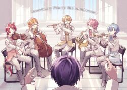  6+boys animal_ears anniversary blonde_hair blue_eyes blue_hair bow_(music) cello chair closed_eyes closed_mouth colon_(stpri) conductor_baton copyright_name french_horn highres holding holding_instrument holding_trumpet holding_violin instrument jacket jel_(stpri) long_sleeves male_focus multiple_boys music nanamori_(stpri) on_chair open_mouth orange_hair pants pink_hair playing_flute playing_instrument red_hair rinu_(stpri) root_(stpri) satomi_(stpri) sitting smile strawberry_prince trm310560 trumpet violin white_jacket white_pants 