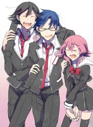  1girl 2boys ahoge black_hair black_jacket black_pants black_thighhighs blue_hair blush bow buttons chaos;child chest_bow collared_shirt cropped_jacket diploma_tube double-breasted dress_shirt dress_vest glasses graduation hand_grab hekiho_academy_school_uniform highres holding holding_tube itou_shinji_(chaos;child) jacket lapels long_sleeves loose_necktie miniskirt miyashiro_takuru multiple_boys necktie notched_lapels onoe_serika open_clothes open_collar open_jacket open_mouth pants pink_hair red_bow red_necktie sailor_collar school_uniform science_adventure shirt short_hair short_hair_with_long_locks skirt thigh-highs tongue wa6 white_sailor_collar white_shirt 