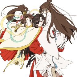  3boys aqua_shawl arms_around_neck belt black_belt black_hair black_nails blush_stickers boots bracelet braid brown_hair bujang carrying carrying_person chinese_clothes closed_mouth curtained_hair dot_nose dual_persona earrings expressionless eyepatch facing_viewer fingernails flower gold_trim hagoromo hair_bun hair_flower hair_ornament hanfu high_ponytail hua_cheng huadian jewelry long_eyelashes long_hair long_sidelocks long_sleeves looking_at_another looking_down loose_belt male_focus multiple_boys ornate_clothes parted_bangs parted_lips pearl_earrings peony_(flower) pink_flower ponytail princess_carry profile puffy_long_sleeves puffy_sleeves red_eyes red_hanfu red_yuanlingpao shawl side_braid sidelocks sideways_glance silver_bracelet simple_background single_braid single_hair_bun smile standing swept_bangs tareme tassel tassel_hair_ornament tianguan_cifu time_paradox tsurime very_long_hair white_background white_boots white_hanfu wide_sleeves xiao_guan_(headdress) xie_lian xie_lian_(flower_crowned_martial_god) yellow_eyes yellow_shawl yuanlingpao 