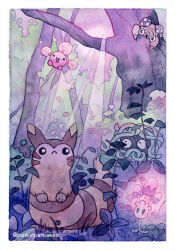  alternate_color artist_name border brown_fur forest furret jumpluff looking_at_viewer morelull nature no_humans outdoors outside_border painting_(medium) paras pokemon pokemon_(creature) punkinpancakess shiny_pokemon tangela traditional_media tree watercolor_(medium) white_border 