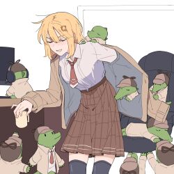  1girl absurdres addendium alligator blonde_hair blue_eyes chair crocodilian cup deerstalker gaming_chair hair_ornament hat headphones highres hololive hololive_english investigator_(watson_amelia) long_sleeves necktie plaid_clothes plaid_skirt pocket red_necktie shirt short_hair skirt swivel_chair thigh-highs virtual_youtuber watson_amelia watson_amelia_(1st_costume) white_shirt 
