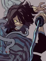  1boy bandaged_head bandages bandages_over_mouth black_hair black_jacket black_pants chaerenlover demon_slayer_uniform furrowed_brow grey_background hair_between_eyes hair_over_one_eye holding holding_sword holding_weapon iguro_obanai jacket kaburamaru kimetsu_no_yaiba male_focus medium_hair pants red_eyes snake striped_haori sword weapon yellow_eyes 