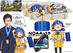  1boy 1girl :d ^^^ ahoge belt black_bow black_bowtie black_pantyhose blue_eyes blue_hair blue_necktie blue_suit blush blush_stickers bow bowtie brown_hair buttons closed_eyes collared_shirt crying crying_with_eyes_open dated doyagao earpiece english_commentary english_text fallen_down head_bump highres holding holding_paper id_card lanyard long_sleeves looking_at_another medium_hair motor_vehicle national_oceanic_and_atmospheric_administration necktie noaa-19 open_mouth original pantyhose paper personification photo_inset pleated_skirt pointing pointing_up radio_antenna reference_inset remove_before_flight_tag satellite sbarky38 shirt short_hair skirt smile smug solar_panel solid_circle_eyes spacecraft speech_bubble suit tears twitter_username wheel white_belt white_eyes yellow_shirt yellow_skirt 