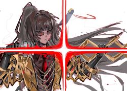  1girl black_gloves black_hair black_shirt blood blood_on_clothes blood_on_face cigarette coat collared_shirt contempt_awe_(e.g.o) e.g.o_(project_moon) ehooooooost gloves grey_vest highres holding holding_polearm holding_weapon lance limbus_company long_hair looking_at_viewer looking_over_eyewear n_corp._e.g.o_(identity)_(project_moon) necktie polearm ponytail project_moon red-tinted_eyewear red_eyes red_necktie ryoshu_(project_moon) shirt simple_background smoking solo sunglasses tinted_eyewear vest weapon yellow_coat 