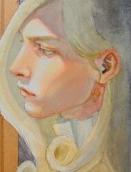  1boy bishounen blonde_hair blue_eyes closed_mouth curly_hair english_commentary eyelashes funny_valentine half-closed_eyes highres jewelry jojo_no_kimyou_na_bouken lips long_hair male_focus nose painting_(medium) portrait profile solo steel_ball_run traditional_media umasandaa unfinished watercolor_(medium) 