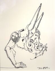  1boy 1other absurdres animal_ears araki_hirohiko compound_eyes curly_hair dirty_deeds_done_dirt_cheap english_commentary fake_animal_ears funny_valentine greyscale highres index_finger_raised jojo_no_kimyou_na_bouken long_hair mask monochrome mouth_mask official_art rabbit_ears second-party_source sketch steel_ball_run traditional_media 