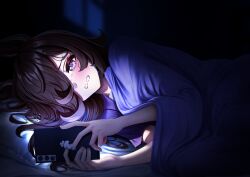  1girl absurdres animal_ears bed blanket brown_hair cellphone commentary crying english_commentary flipped_hair hair_over_one_eye highres holding holding_phone horse_ears horse_girl long_hair looking_at_phone lying manjo_(warito) on_side pajamas phone pillow purple_pajamas purple_shirt rice_shower_(umamusume) shirt smartphone solo tears umamusume under_covers violet_eyes 