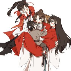  4boys arms_around_neck bandage_over_one_eye bandaged_neck bandages belt black_belt black_boots black_hair blush_stickers boots bracelet brown_hair brown_shoes bujang carrying carrying_person chinese_clothes choppy_bangs closed_eyes closed_mouth curtained_hair daisy_(flower) dot_nose double_vertical_stripe elbow_rest facing_viewer fingernails flower giving_flower grey_pants hair_behind_ear hair_bun hair_ornament hair_ribbon half-closed_eyes hanfu happy hat head_down head_on_hands head_rest head_tilt holding holding_flower hua_cheng hua_cheng_(child) implied_yaoi jealous jewelry knee_boots long_eyelashes long_sidelocks long_sleeves looking_ahead looking_at_another looking_up loose_belt lovestruck male_focus mandarin_collar messy_hair multiple_boys multiple_persona open_mouth outstretched_hand pants parted_bangs pointy_ears princess_carry profile puffy_long_sleeves puffy_sleeves red_yuanlingpao ribbon rice_hat san_lang serious shoes shy side_ponytail side_slit sidelocks silver_belt silver_bracelet simple_background single_hair_bun sitting sitting_on_lap sitting_on_person sleeve_cuffs sleeves_past_wrists smile standing swept_bangs tangzhuang tareme tassel tassel_hair_ornament tianguan_cifu time_paradox unworn_hat unworn_headwear wavy_ends white_background white_flower white_hanfu white_pants white_ribbon white_sleeves wide_sleeves xie_lian yellow_eyes yuanlingpao 