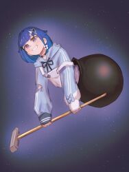  1girl black_choker blue_hair blue_hoodie choker drawstring floating getting_over_it gradient_hair grey_eyes grin hair_flaps hair_intakes hammer highres hood hoodie looking_at_viewer medium_hair multicolored_hair overalls sledgehammer sleeves_past_wrists smile solo space strap_slip tied_drawstring tsubu_(kappunioyu562) tsumugi_kokage virtual_youtuber vspo! water_drop white_overalls 
