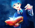  1boy blue_eyes blue_hair book bowtie caster_(fate/extra_ccc) fate/extra_ccc fate_(series) nanacan_aki solo vest 