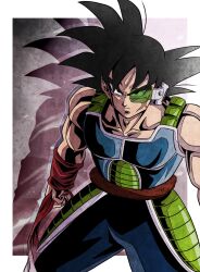  1boy armor bardock black_hair black_pants border clenched_hand closed_mouth commentary cowboy_shot cross_scar dragon_ball dragon_ball_z drop_shadow highres looking_at_viewer male_focus monkey_tail muscular muscular_male outside_border pants saiyan saiyan_armor scar scar_on_cheek scar_on_face scouter solo spiky_hair standing tail tail_around_own_waist ushi_(akabec0) white_border 