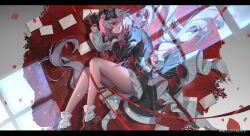  1girl absurdres bdsm black_boots black_dress black_gloves black_sleeves bondage boots bound bow dress evernight_(honkai:_star_rail) full_body gloves grey_background hair_spread_out highres honkai:_star_rail honkai_(series) long_hair looking_at_viewer lying march_7th_(honkai:_star_rail) on_side parted_lips pink_hair red_background red_bow red_eyes solo thighs very_long_hair white_dress white_sleeves window_shadow yolanda 