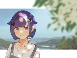  1girl alternate_costume blue_hair collarbone dappled_sunlight grey_eyes hair_flaps hair_ornament highres looking_at_viewer overalls parted_bangs portrait shirt short_hair sketch solo sunlight tsubu_(kappunioyu562) tsumugi_kokage virtual_youtuber vspo! water_drop_hair_ornament white_shirt 