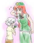  blush braid commentary flower hand_behind_head hong_meiling izayoi_sakuya long_hair multiple_girls red_hair redhead sento_(artist) short_hair silver_hair the_embodiment_of_scarlet_devil torn_clothes touhou twin_braids young 