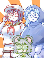  3girls :d @_@ animal_ear_fluff animal_ears bespectacled black_hair blue_hair blue_hood breasts closed_mouth colored_skin commentary_request cookie_(touhou) dated flour_(cookie) glasses green_sailor_collar grey_hair highres hood hood_up itini-sanshi kumoi_ichirin large_breasts midriff milk_(cookie) mouse_ears mouse_girl multiple_girls murasa_minamitsu navel nazrin neckerchief nyon_(cookie) open_mouth orange_background red_neckerchief sailor_collar shirt short_hair smile sunburst sunburst_background touhou upper_body white_background white_shirt white_skin 
