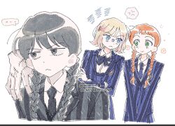  ... 3girls addams_family agnes_demille anger_vein black_bow black_bowtie black_hair black_jacket black_necktie blonde_hair blue_eyes blue_hair blue_jacket blunt_bangs bow bowtie braid collared_shirt crossed_arms disembodied_hand enid_sinclair furrowed_brow green_eyes grey_eyes hair_over_shoulder hand_on_another's_shoulder highres jacket looking_at_another multiple_girls necktie nervous_smile orange_hair pink_hair school_uniform shaded_face shirt short_bangs smile spoken_anger_vein spoken_ellipsis stitched_hand striped_clothes striped_jacket suit_jacket thing_(addams_family) twin_braids twintails wednesday_(netflix) wednesday_addams white_background white_shirt zzpencil 