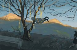  1girl 1other bare_tree black_dress bound child dress entangled evening ghost_costume grass hat highres mountain noose original outdoors rope short_sleeves tensen_(dotted_line) tied_up_(nonsexual) tree witch witch_hat wrapped_up 