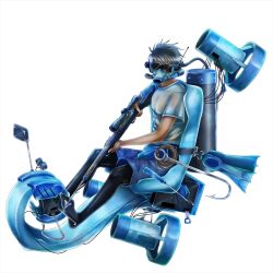  1boy black_leggings dark-skinned_male dark_skin flippers_removed gun harpoon harpoon_gun holding holding_gun holding_weapon hook jet_ski leggings maedathesuper personification pokemon scuba_gear seadra shirt short_sleeves sitting solo t-shirt watercraft weapon white_background 