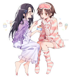  2girls barefoot black_hair brown_eyes brown_hair food full_body hair_ornament hairclip highres holding holding_spoon ice_cream invisible kamisaki_hikaru kneehighs long_hair looking_at_another medalist_(manga) multiple_girls nightgown oumi_hrak_npr pajamas purple_nightgown shirt short_hair simple_background sitting sleep_mask socks spoon striped_clothes striped_socks white_background white_shirt yellow_eyes yuitsuka_inori 