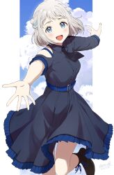  1girl asymmetrical_sleeves ayano_yuu_(sonma_1426) belt belt_buckle black_dress black_necktie blue_belt blue_eyes blue_ribbon blue_sky blush boots braid breasts brown_boots buckle clothing_cutout clouds cloudy_sky collared_dress commentary_request dated dress fingernails foot_out_of_frame frilled_dress frills gakuen_idolmaster grey_hair hair_ribbon hakusen_(idolmaster) half_up_braid highres idolmaster katsuragi_lilja lace-up_boots long_dress looking_at_viewer medium_breasts medium_hair necktie open_hand open_mouth outside_border outstretched_arms pillarboxed reaching ribbon ribbon_braid shoulder_cutout signature sky smile solo standing standing_on_one_leg 