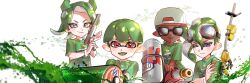  1girl 3boys :d ;) bamcream closed_mouth colored_tongue commentary dark-skinned_male dark_skin english_commentary goggles goggles_on_head green_hair green_shirt green_tongue grey_eyes gun hair_between_eyes hat holding holding_gun holding_weapon inkling inkling_boy inkling_girl inkling_player_character long_hair looking_at_viewer multiple_boys octoling octoling_boy octoling_player_character one_eye_closed open_mouth shirt short_hair short_sleeves simple_background smile splatoon_(series) thick_eyebrows tongue tongue_out upper_body violet_eyes weapon white_background white_hat 