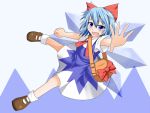  bag blue_eyes blue_hair blush bow cirno dress hair_bow hiro_(pqtks113) laughing outstretched_arm outstretched_hand ribbon shoes short_hair socks solo touhou wings 