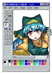  1girl :d apron blue_hair commentary english_commentary flying_sweatdrops green_apron green_hat haniyasushin_keiki hat headscarf long_hair looking_at_viewer open_mouth paint.net_(medium) pink_eyes purple_background rainbow_hat_ornament short_sleeves simple_background sleepymoon smile solo touhou upper_body user_interface 