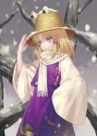 bad_id blonde_hair eyes hat irua moriya_suwako scarf short_hair snow solo touhou winter winter_clothes 