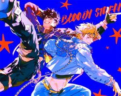  2boys arm_up battle_tendency belt black_gloves blonde_hair blue_background blue_eyes blue_jacket blue_pants boots bracelet brown_hair caesar_anthonio_zeppeli crop_top cropped_jacket denim english_text facial_mark feather_hair_ornament feathers finger_gun fingerless_gloves gloves grey_eyes grin hair_ornament hashtag-only_commentary headband jacket jeans jewelry jojo_no_kimyou_na_bouken joseph_joestar joseph_joestar_(young) leg_up long_sleeves male_focus midriff multiple_boys orange_belt pants pointing short_hair smile star_(symbol) sues teeth torn_clothes torn_jeans torn_pants triangle_print yellow_headband 