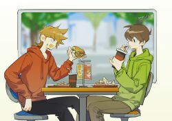  2022 2boys :3 antenna_hair bacon black_eyes black_pants blue_sky blurry blurry_background brown_hair brown_pants burger chair chinese_commentary chips_(food) closed_mouth commentary_request cup dated day disposable_cup drawstring drinking drinking_straw drinking_straw_in_mouth edd_(eddsworld) eddsworld fang fast_food feet_out_of_frame fingernails food food_on_face green_hoodie hair_between_eyes highres holding holding_burger holding_cup holding_food hood hood_down hoodie indoors lettuce long_sleeves looking_at_another looking_at_cup male_focus multiple_boys on_chair open_mouth pants pinky_out profile puffy_long_sleeves puffy_sleeves red_hoodie short_hair sitting sky soda swept_bangs table tord_(eddsworld) tray tree upturned_eyes very_short_hair window xic94 