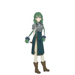  1girl ankle_boots armor arms_behind_back artist_request black_ribbon blush boots braid braided_ponytail breastplate breasts brown_boots brown_gloves closed_mouth eyelashes full_body game_cg gloves green_eyes green_hair green_tunic hair_ribbon high_heel_boots high_heels long_hair long_sleeves looking_at_viewer low_twin_braids multiple_braids official_art pants pauldrons raised_eyebrows ribbon rishia_ivyred shirt shoulder_armor side_slit simple_background sleeveless_tunic small_breasts smile solo standing straight-on tachi-e tate_no_yuusha_no_nariagari tate_no_yuusha_no_nariagari_rerise transparent_background tunic turtleneck_tunic twin_braids white_pants white_shirt 