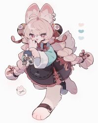  1girl accessories animal_ear_fluff animal_ears black_dress blush braid bright_pupils claws covering_own_mouth damian_blackwood dress ear_piercing furry furry_female green_shirt hair_ornament heart highres holding holding_toy legband looking_at_viewer medallion nodori710 open_mouth piercing pink_fur pink_hair rabbit rabbit_ears rabbit_girl red_eyes screw shirt short_eyebrows solo standing standing_on_one_leg stuffed_toy teeth thick_eyebrows toy twin_braids twintails upper_teeth_only white_background white_fur white_pupils zenless_zone_zero zhao_(zenless_zone_zero) 