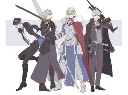  4boys armor armored_boots arthur_pendragon_(fate) arthur_pendragon_(star_of_camelot)_(fate) arthur_pendragon_alter_(fate) assault_rifle belt black_armor black_belt black_boots black_coat black_gloves black_hat black_jacket black_shirt black_shoes blonde_hair blue_jacket blue_shirt boots border breastplate brown_belt bullet buttons cape closed_mouth coat collared_coat collared_shirt commentary_request dagger date_(toybox) emblem excalibur_(fate/prototype) fate/grand_order fate/prototype fate_(series) faulds from_side full_armor full_body fur-trimmed_cape fur-trimmed_jacket fur-trimmed_sleeves fur_trim gauntlets gloves gold_ring green_eyes grey_armor grey_background grey_pants grey_vest gun hair_between_eyes half-closed_eyes hat highres holding holding_gun holding_polearm holding_sword holding_weapon jacket knife lapels laurel_crown long_hair long_sleeves looking_at_viewer low_ponytail male_focus mandarin_collar multiple_boys multiple_persona open_clothes open_coat open_jacket open_mouth outside_border pants pauldrons polearm ponytail red_cape red_jacket rifle shirt shoes short_hair shoulder_armor simple_background smile standing standing_on_one_leg striped_clothes striped_shirt sword teeth thigh_belt thigh_strap two-sided_fabric two-sided_jacket v-shaped_eyebrows vest visor_cap weapon white_border white_shirt white_vest wide_sleeves yellow_eyes 
