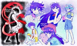  &gt;_o +_+ 2girls 4boys :d ;) ;d alternate_eye_color antenna_hair aqua_background aqua_hair artist_name aubrey_(headspace)_(omori) aubrey_(omori) bare_arms bare_legs bare_shoulders barefoot basil_(headspace)_(omori) basil_(omori) black_background black_eyes black_hair black_shirt black_socks blue_flower blue_overalls blue_rose blue_sweater_vest border bow bright_pupils brother_and_sister brown_skirt camera collarbone collared_shirt colored_skin commentary cropped_torso double-parted_bangs empty_eyes english_commentary expressionless extra_arms finger_to_cheek flower flower_wreath freckles from_behind full_body gradient_background green_shirt grey_flower grin hair_between_eyes hair_bow hand_on_own_arm hand_on_own_cheek hand_on_own_face hand_up head_wreath hero_(headspace)_(omori) hero_(omori) highres holding holding_camera holding_knife holding_stuffed_toy indian_style jitome knee_up kneehighs knees_apart_feet_together knife legs_apart long_hair long_sleeves looking_at_viewer looking_back mari_(headspace)_(omori) mari_(omori) miniskirt mr._plantegg_(omori) multiple_boys multiple_girls neb_(omori) neckerchief omori omori_(omori) one_eye_closed outline outside_border overall_shorts overalls pants photo_(object) pink_bow pink_eyes pinstripe_pattern pinstripe_shirt pinstripe_shorts pleated_skirt purple_background purple_hair raglan_sleeves red_neckerchief reverse_grip rose shirt short_hair short_sleeves shorts siblings simple_background sitting skirt sleeveless sleeveless_shirt smile socks sparkle standing star_(symbol) star_symbol_background straight_hair stuffed_eggplant stuffed_toy sweatdrop sweater_vest toes two-tone_shirt very_long_hair very_short_hair violet_eyes watermark white_border white_outline white_pupils white_shirt white_shorts white_skin yellow_flower yellow_pants yellow_shirt zipsunz 