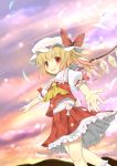  absurdres ascot blonde_hair blush bunchou_(bunchou3103) fang flandre_scarlet hat hat_ribbon highres outstretched_hand pointing red_eyes ribbon side_ponytail slit_pupils solo the_embodiment_of_scarlet_devil touhou wings 