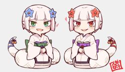  2girls :d bell blue_flower blue_ribbon blunt_bangs commentary_request flower full_body green_eyes green_sash hair_flower hair_ornament heart japanese_clothes jingai_modoki jingle_bell kimono lamia light_blush long_sleeves looking_at_viewer mon-musu_quest! monster_girl multiple_girls obi open_mouth own_hands_together pointy_ears purple_sash red_eyes red_flower red_ribbon ribbon sash seal_impression shirohebi-sama short_hair siblings simple_background sisters smile tail tail_bell tail_ornament tail_ribbon thick_eyebrows twins white_background white_hair white_scales wide_sleeves 
