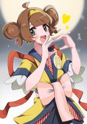  1girl badge blush bow brown_hair button_badge double_bun full_moon grey_eyes hair_bun heart heart_hands highres imadake_tsukimi_tabemi japanese_clothes jupter_mon kimono looking_at_viewer mcdonald&#039;s moon open_mouth pink_bow short_sleeves smile solo upper_body yellow_kimono 