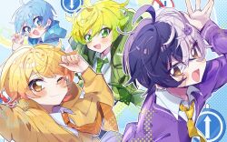  4boys ahoge akkiy_(amptakxcolors) amptakxcolors arm_up arrow_(symbol) black_hair blonde_hair blue_eyes blue_hair blue_jacket brown_eyes cardigan closed_mouth commentary gradient_hair green_eyes green_jacket green_necktie hair_between_eyes highres hood hooded_jacket index_finger_raised jacket looking_at_viewer male_focus mazeta_(amptakxcolors) multicolored_hair multiple_boys necktie one_eye_closed open_clothes open_jacket open_mouth orange_necktie pitupituta pretz_(amptakxcolors) purple_cardigan short_hair smile tigusakun_(amptakxcolors) two-tone_hair upper_body white_hair 