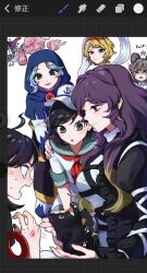  168namu3 6+girls anger_vein animal black_hair gradient_hair hat highres hijiri_byakuren holding holding_animal houjuu_nue kumoi_ichirin long_hair looking_at_animal medium_hair multicolored_hair multiple_girls murasa_minamitsu nazrin sailor_hat surprised tatara_kogasa toramaru_shou touhou undefined_fantastic_object unzan user_interface white_background 